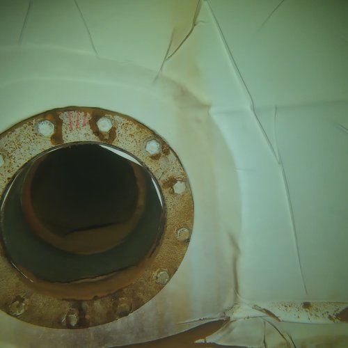 Sprinklertank-Inspektion: Stahltank, 5 Jahre – Flansch Korrosion Folieninliner Bodensicht Nahaufnahme